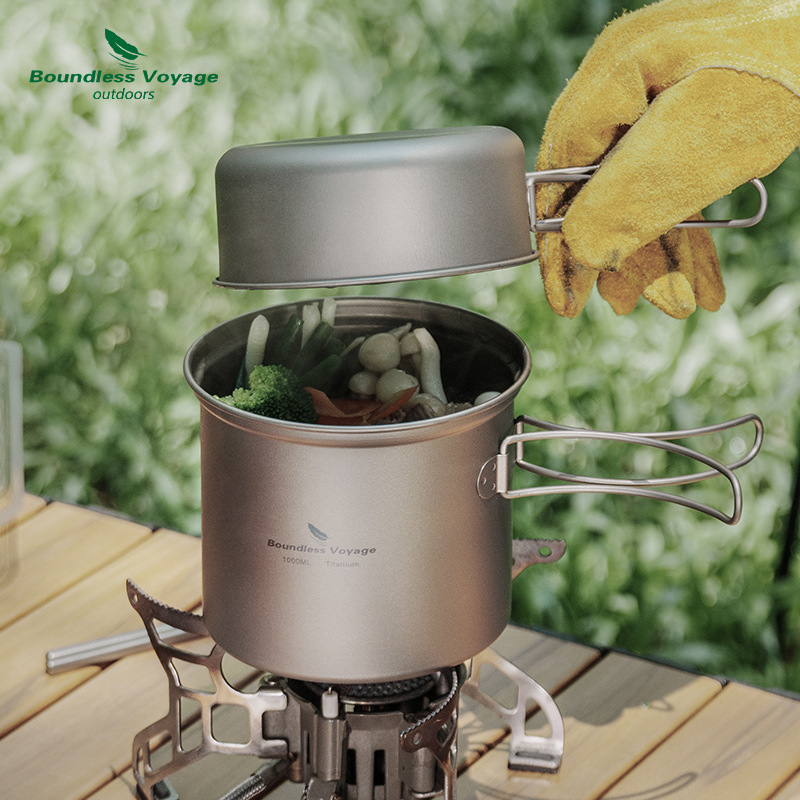 Camping Cooking Pot Set - 순수 티타늄 접이식 끓이기용 냄비+ 프라이팬