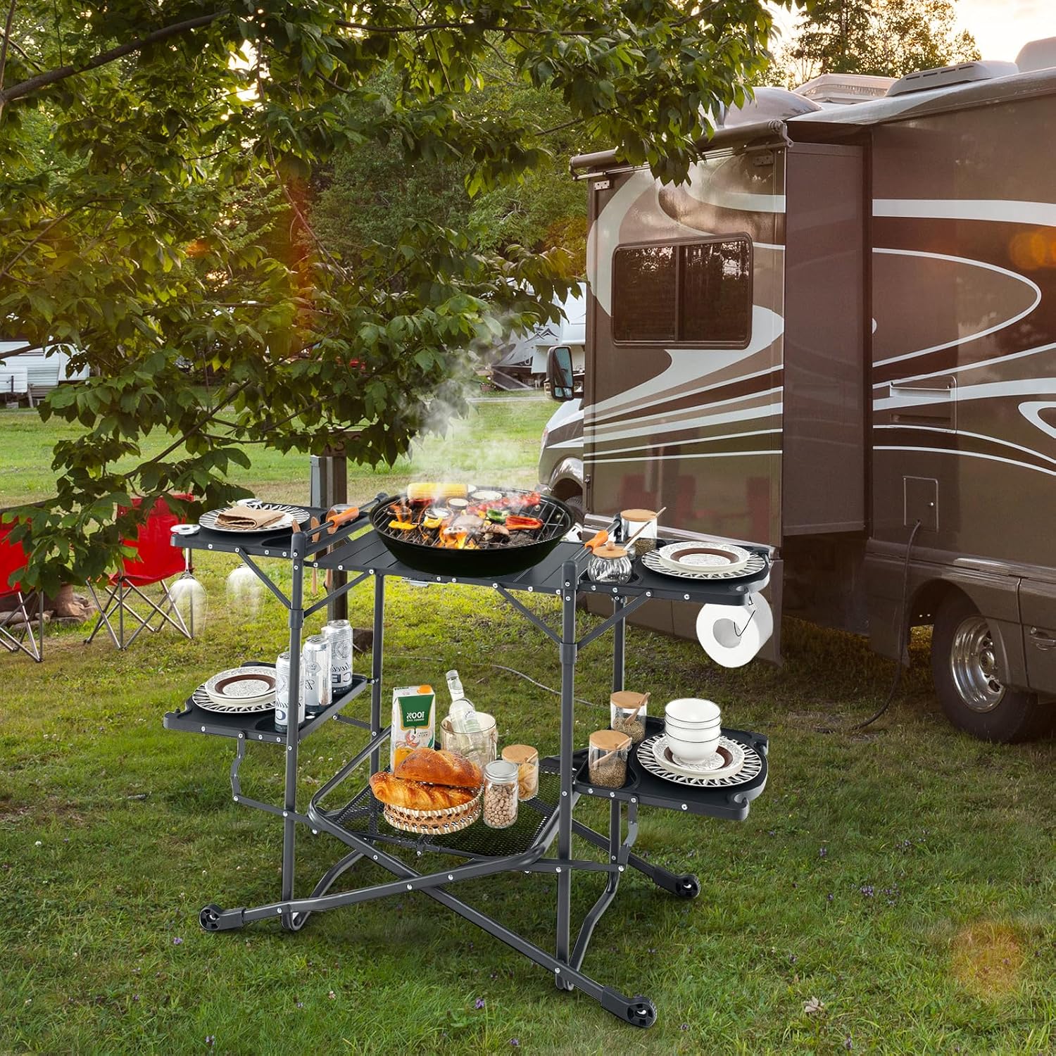 알루미늄 상판, 4개의 사이드 테이블, 수납 랙이 있는 - Camping Cooking Top 리뷰 및 가격